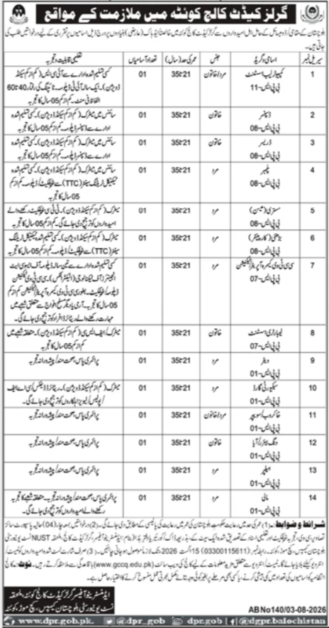 Girls Cadet College Quetta Jobs 2026 — original advertisement