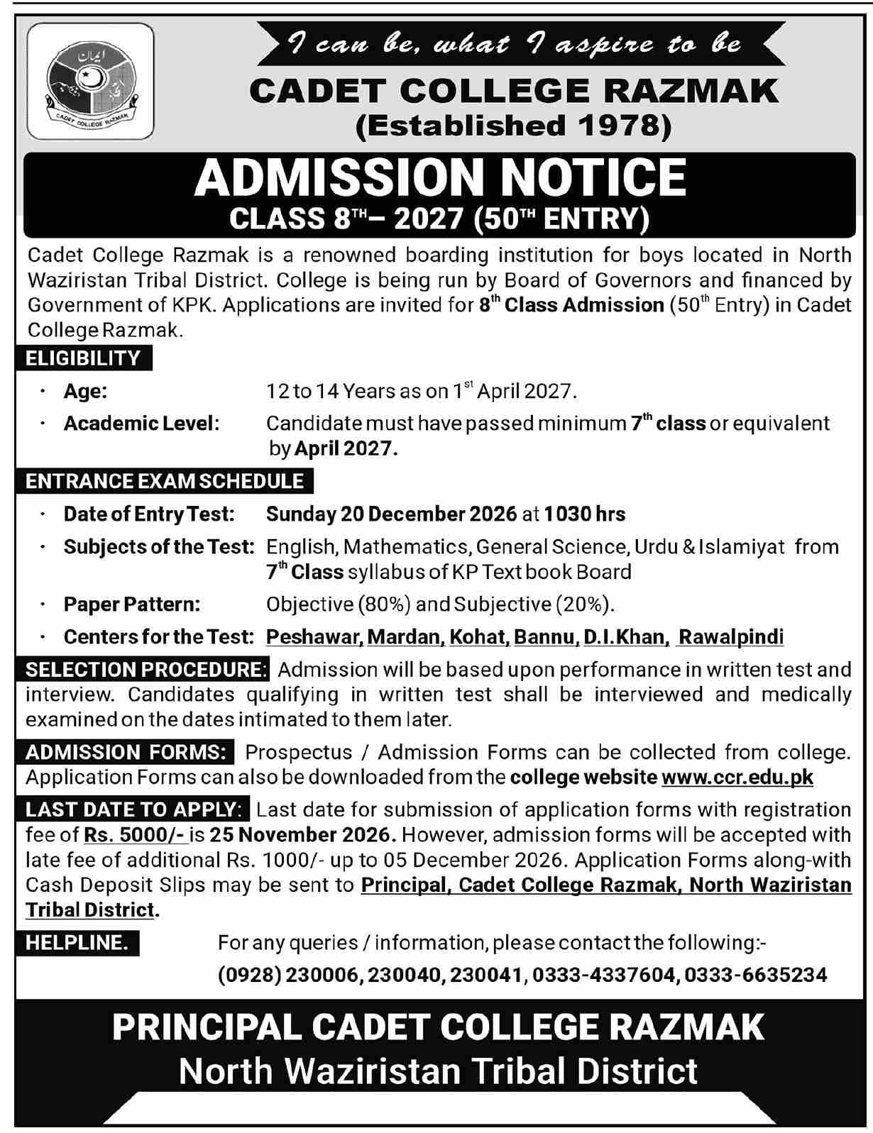 Admission Open in Cadet College Razmak 2026 — original advertisement