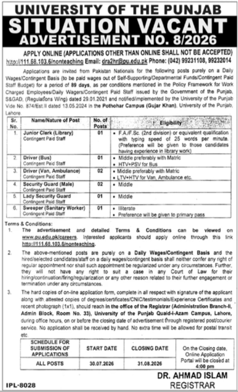 University Of Punjab UOP Lahore Jobs  2026 — original advertisement