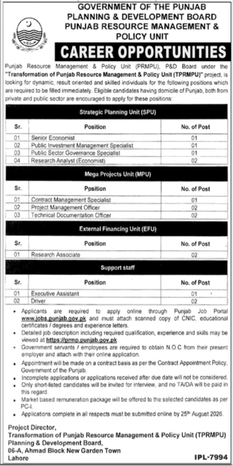 Planning & Development Board Lahore Jobs 2026 — original advertisement