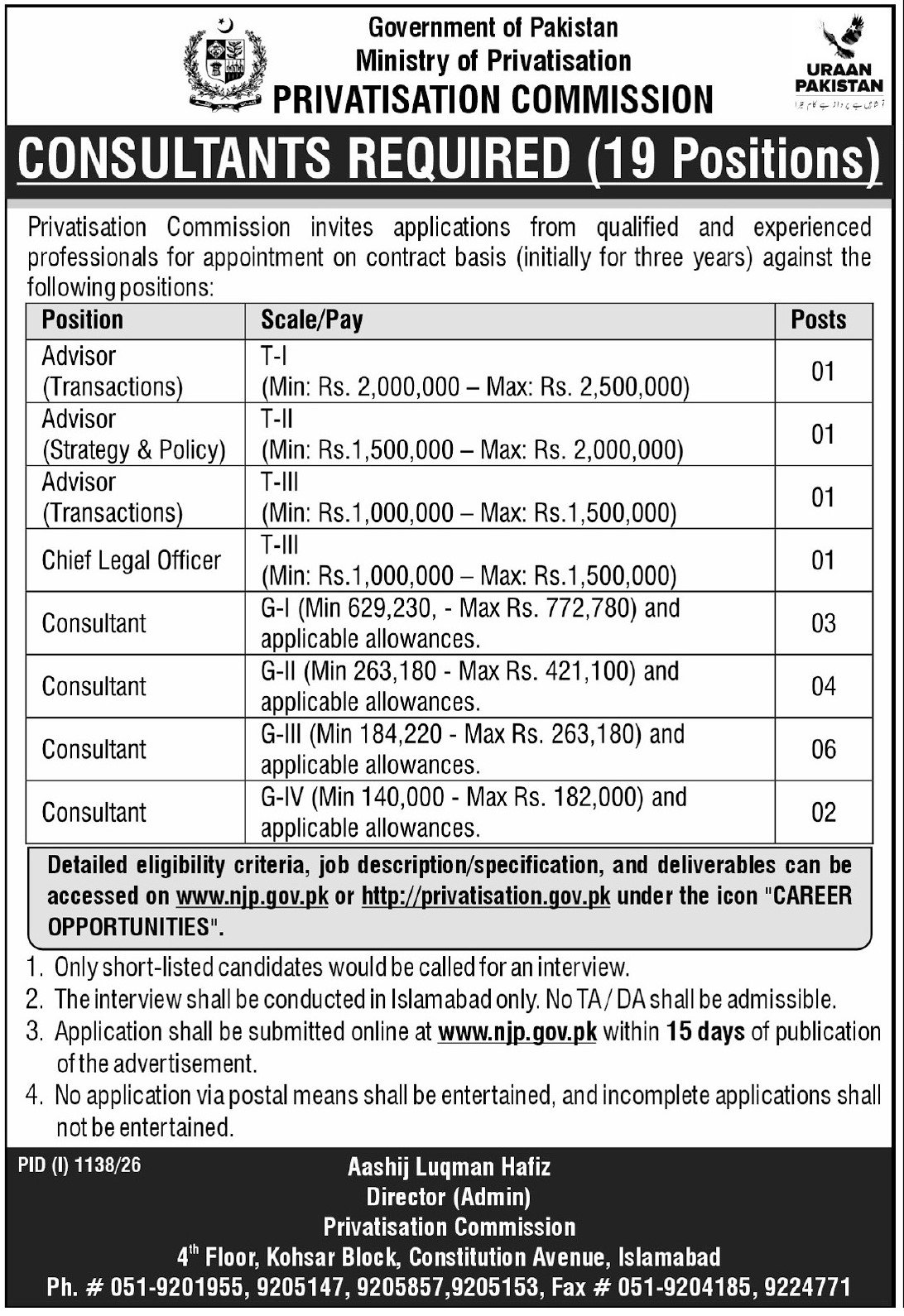 Ministry Of Privatisation Islamabad Jobs 2026 — original advertisement