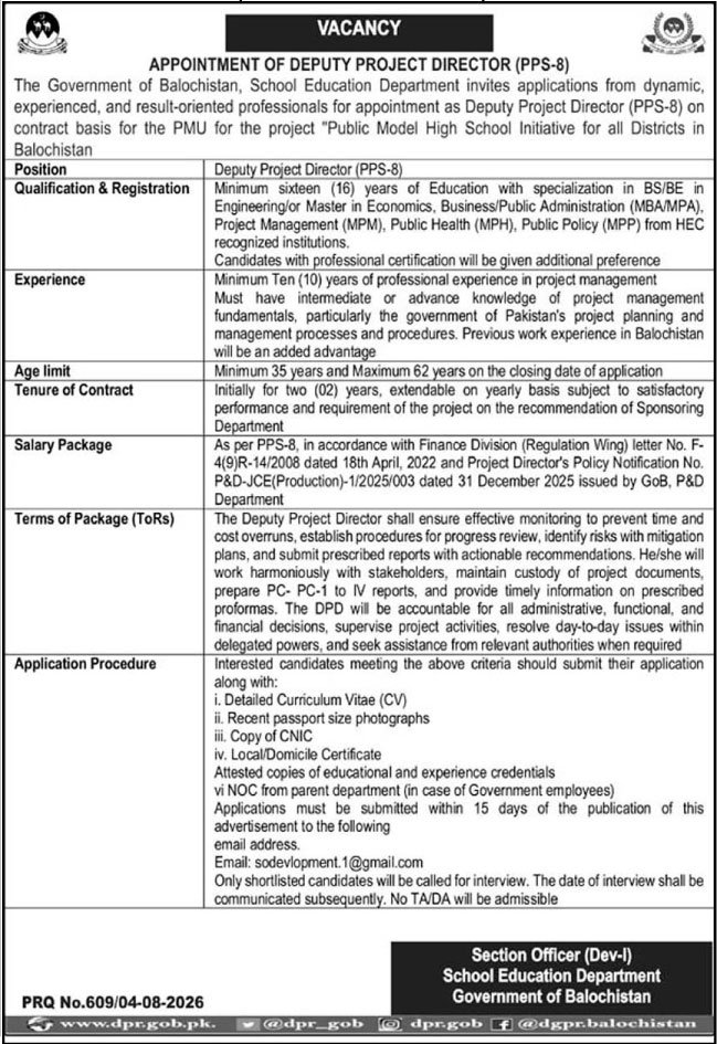 School Education Department Quetta Job 2026 — original advertisement