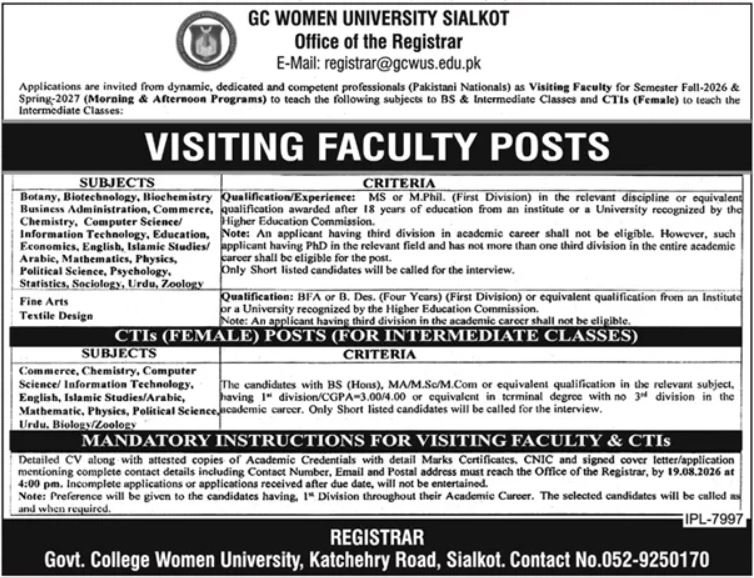 GC Women University Sialkot Jobs 2026 — original advertisement