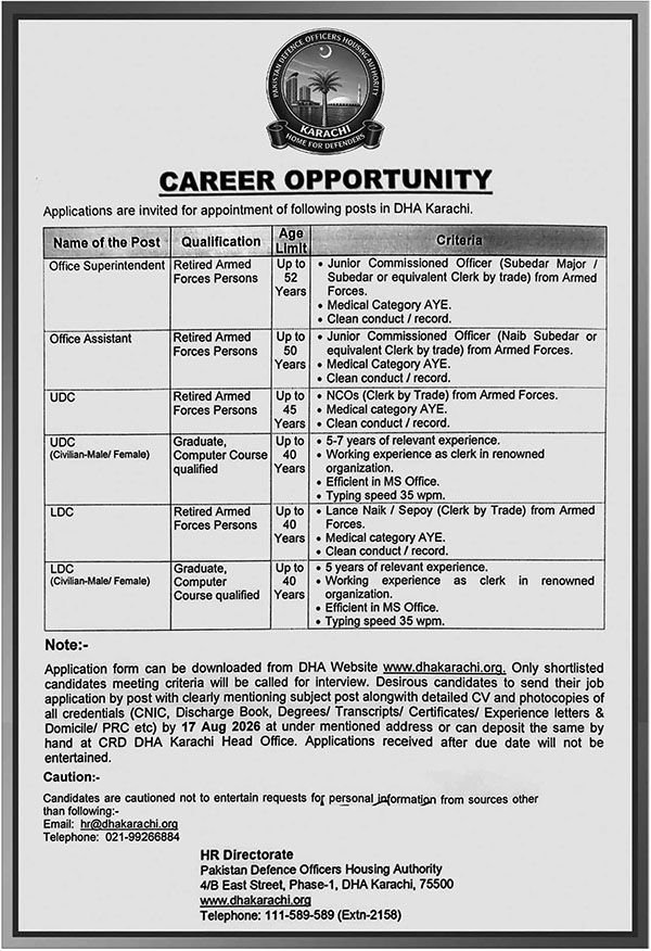 Defence Housing Authority DHA Karachi Jobs 2026 — original advertisement